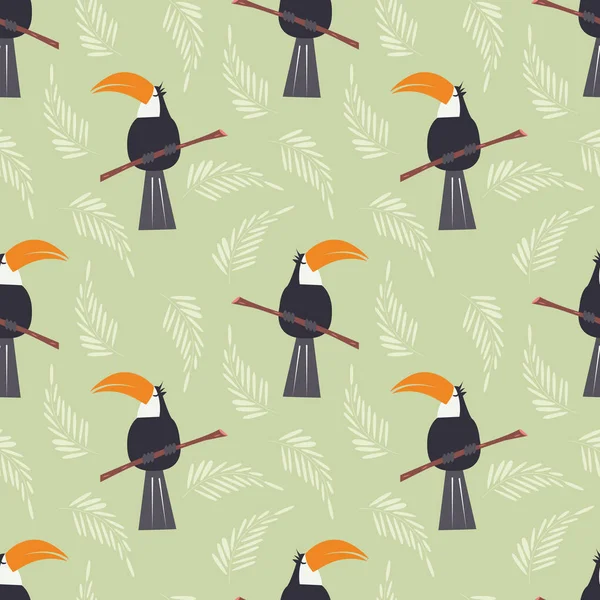 Modèle sans couture avec toucan perroquet jungle mignon sur fond vert — Image vectorielle