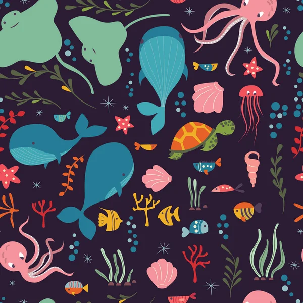 Modèle sans couture avec des animaux sous-marins, baleine, poulpe, raie, méduses, tortue, corail — Image vectorielle