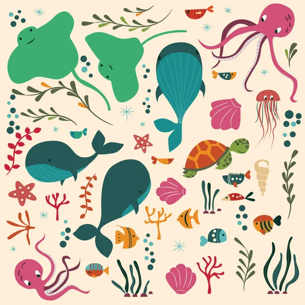 Colección de coloridos animales marinos y oceánicos, ballena, pulpo, raya, medusas, tortuga, coral — Vector de stock