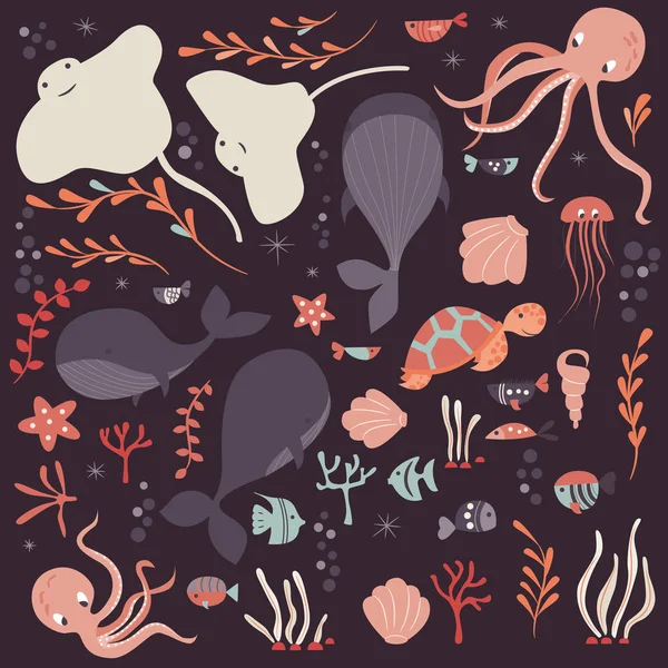 Kumpulan hewan laut dan laut yang berwarna-warni, ikan paus, gurita, ikan pari, ubur-ubur, kura-kura, karang - Stok Vektor