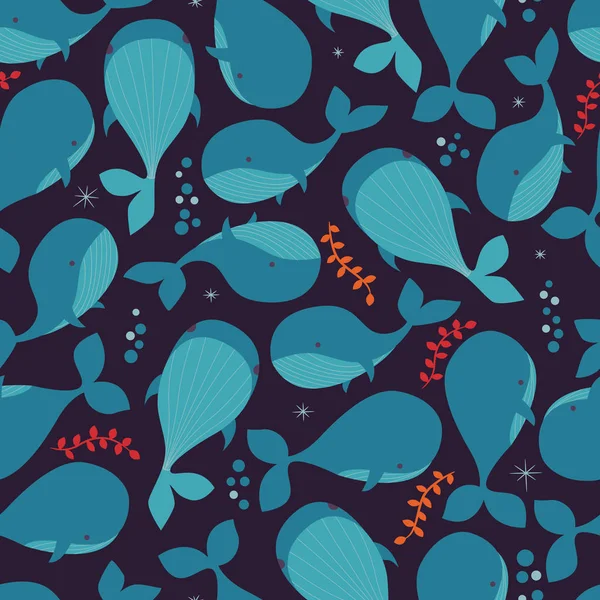 Modèle sans couture avec des animaux sous-marins, des baleines, illustration colorée — Image vectorielle