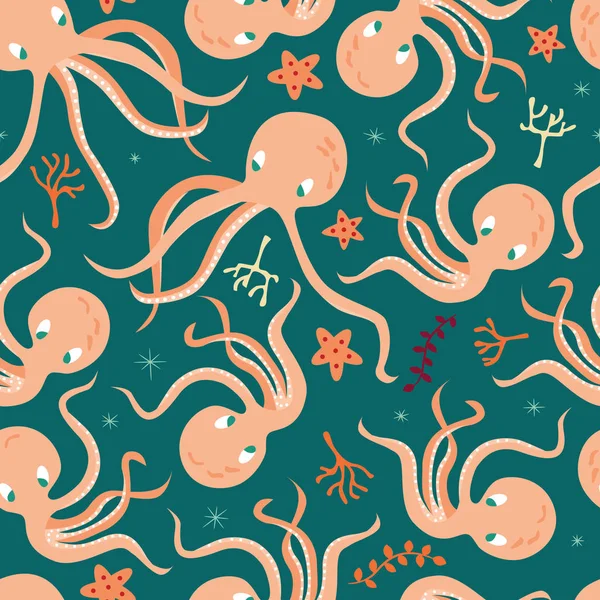 水中の海の動物たち、かわいいタコとヒトデのシームレス パターン — ストックベクタ