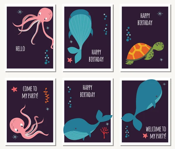 Conjunto de seis tarjetas con animales submarinos y mensajes de cumpleaños — Vector de stock