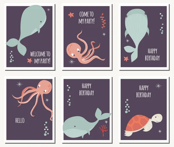 Ensemble de six cartes avec des animaux sous-marins et des messages d'anniversaire — Image vectorielle