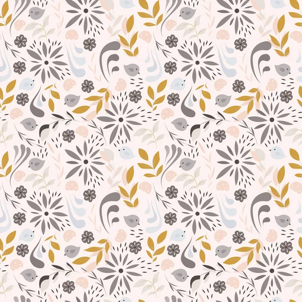 Naadloze patroon ontwerp met kleine bloemen, florale elementen, vogels — Stockvector