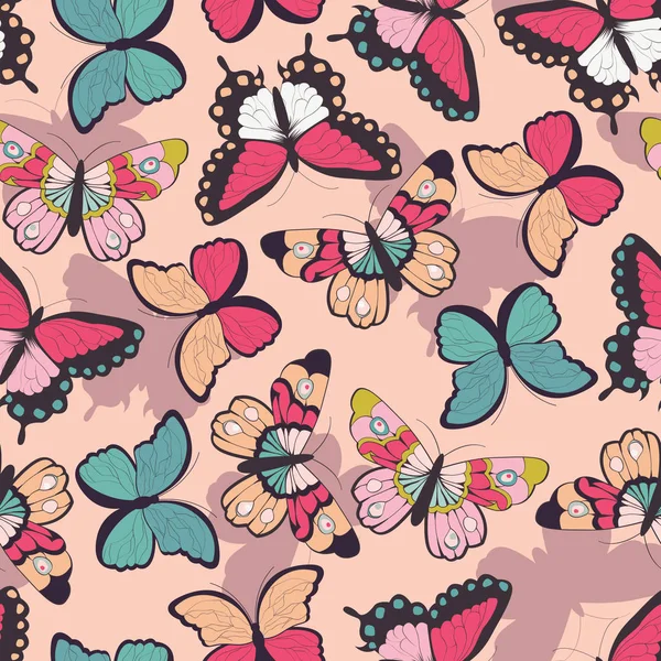 Wektor wzór z ręcznie rysowane kolorowe motyle — Wektor stockowy