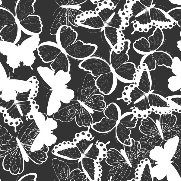 Naadloze vector patroon met hand getrokken silhouet vlinders, zwart-wit — Stockvector