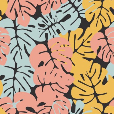 Summer seamless tropical pattern with colorful monstera palm leaves clipart