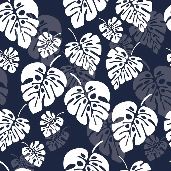 Sommaren sömlösa mönster med vita monstera palm lämnar på blå bakgrund — Stock vektor