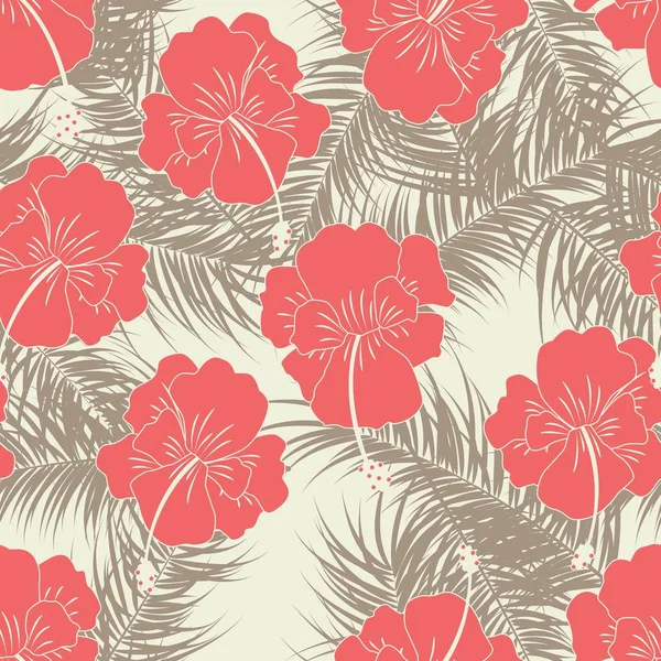 Απρόσκοπτη τροπικό σχέδιο με καφέ φύλλα nad κόκκινα άνθη σε φόντο βανίλιας — Διανυσματικό Αρχείο