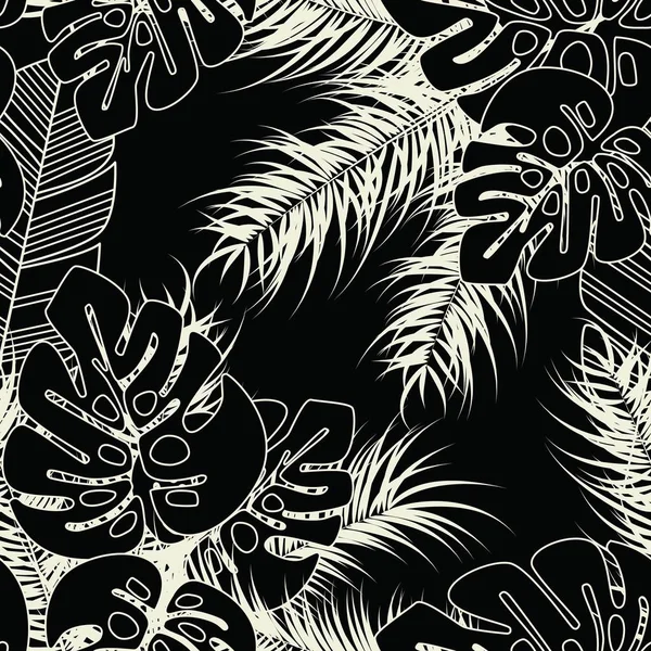 Modello tropicale senza cuciture estive con foglie e piante di palma monstera — Vettoriale Stock