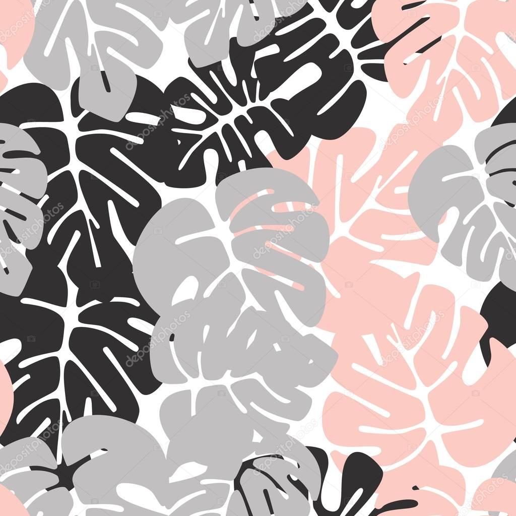 Summer seamless tropical pattern with colorful monstera palm leaves