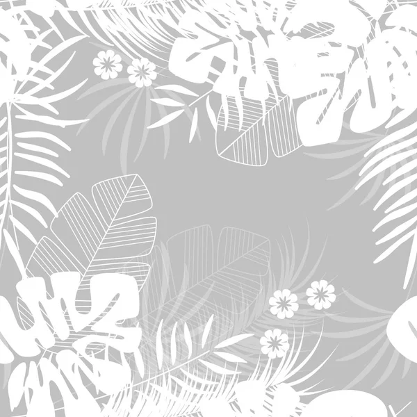 Sommaren sömlös tropiska mönster med monstera palm blad och växter på grå bakgrund — Stock vektor