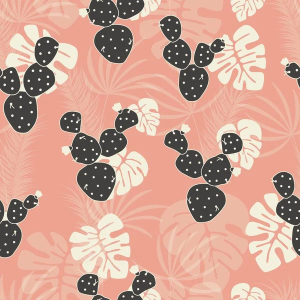 Motif tropical sans couture avec des feuilles de palmier et de cactus de monstère sur fond rose — Image vectorielle