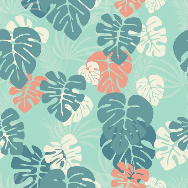 Seamless mönster med monstera palmblad och växter på blå bakgrund — Stock vektor