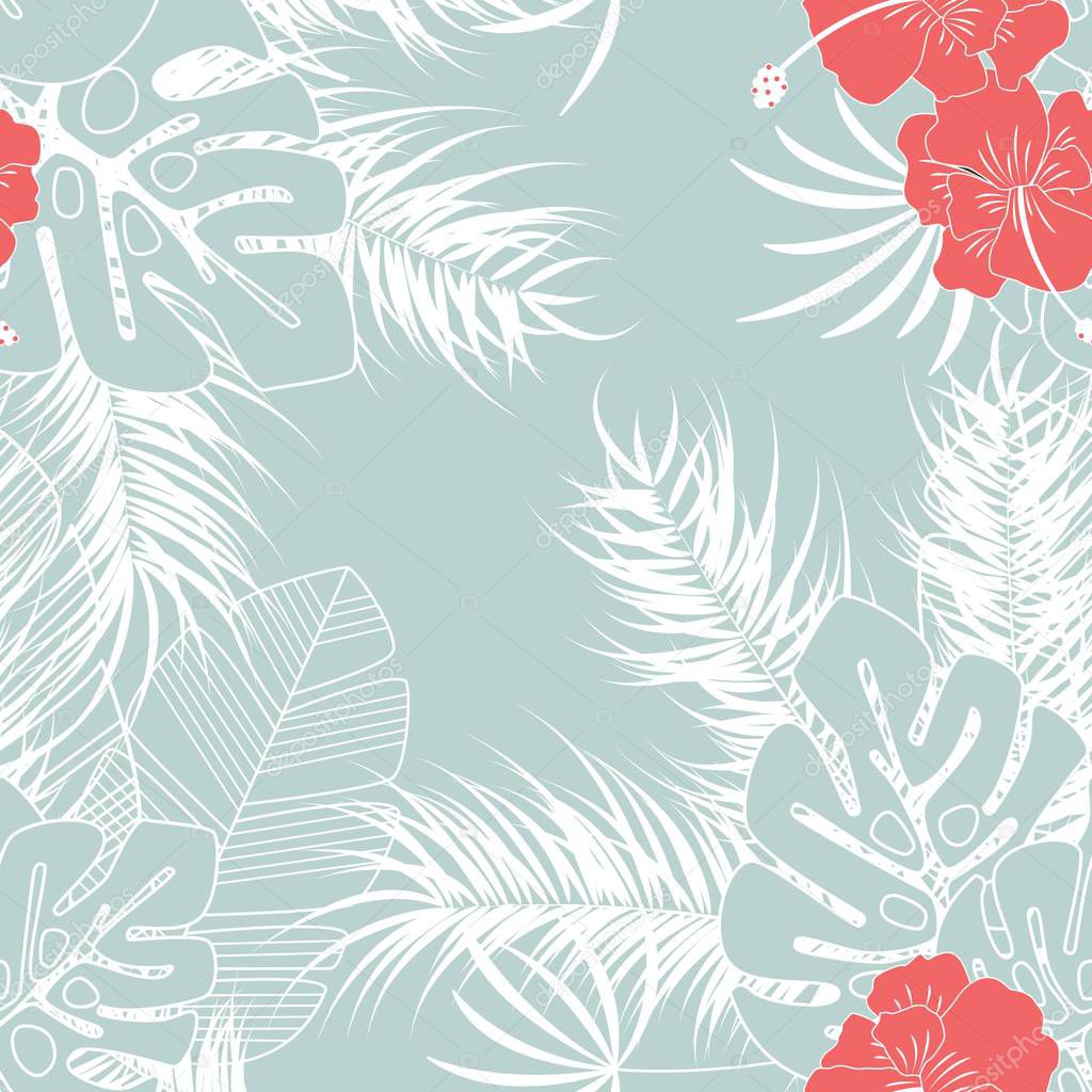 Summer seamless tropical pattern with monstera palm leaves and flowers