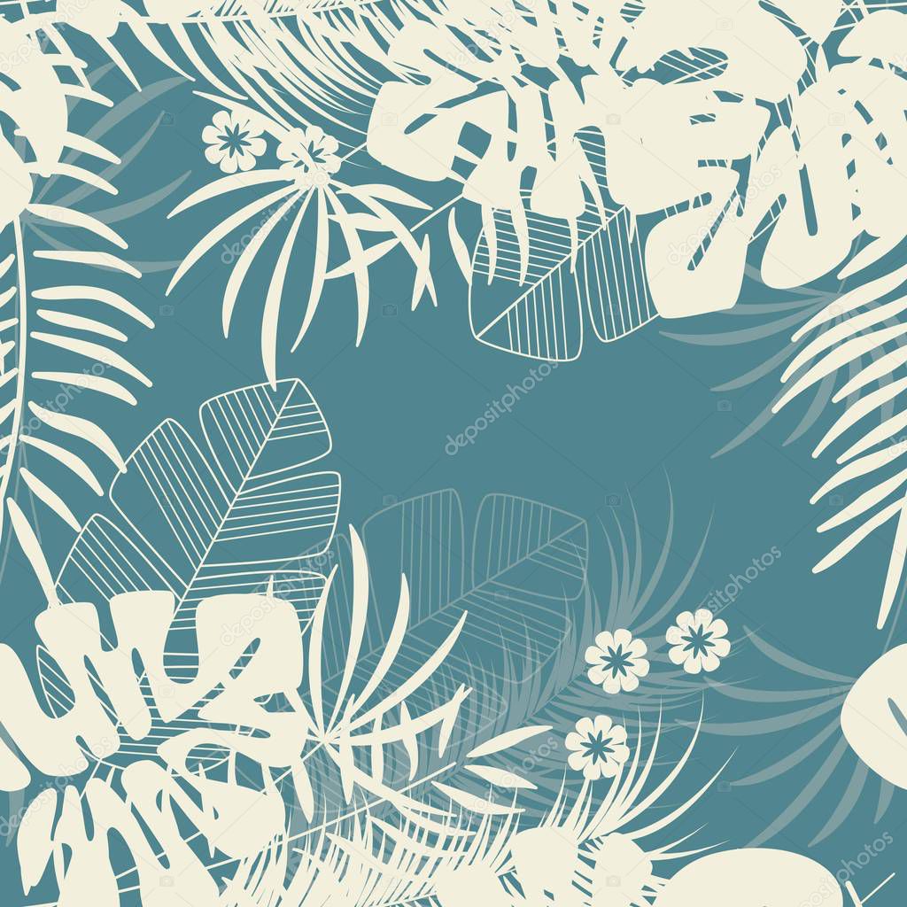 Summer seamless tropical pattern with monstera palm leaves and plants on blue background