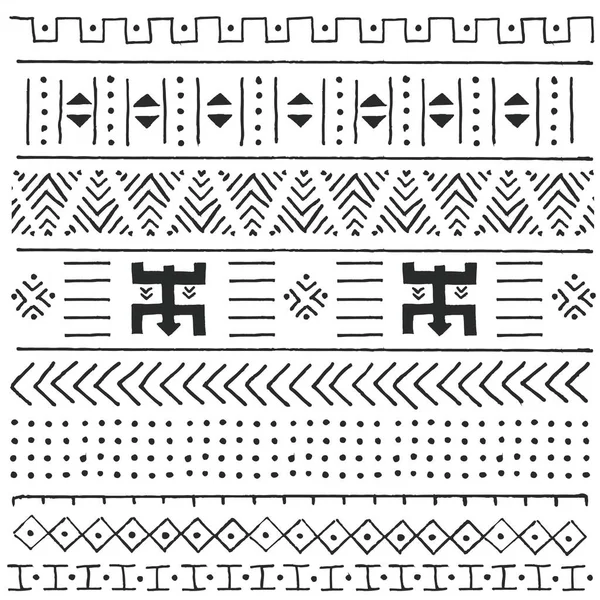 Zwart-wit tribal etnische patroon met geometrische elementen, — Stockvector