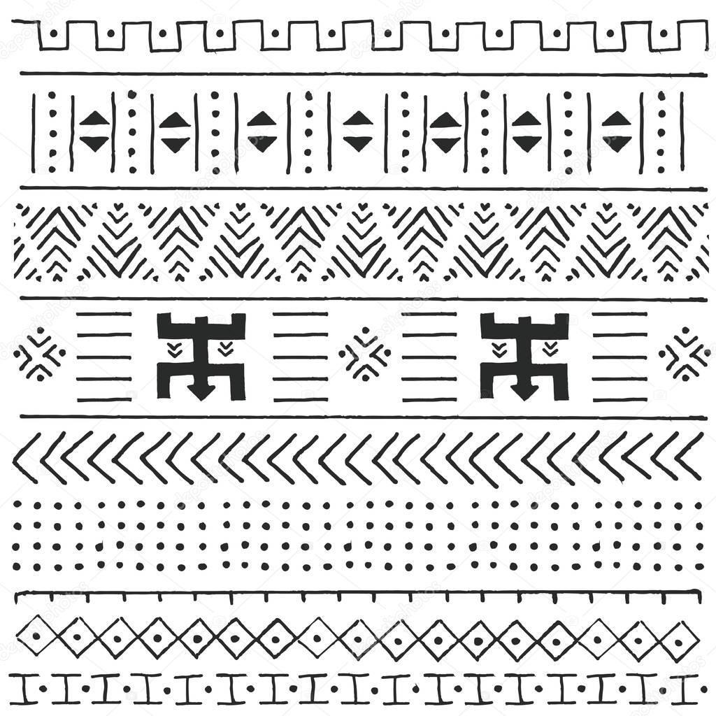 Black and white tribal ethnic pattern with geometric elements, 