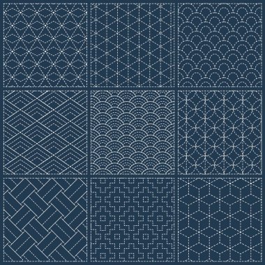 Sashiko sorunsuz indigo boya desen geleneksel beyaz Japon nakış, vektör çizim ile