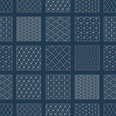 Sashiko sorunsuz indigo boya desen geleneksel beyaz Japon nakış, vektör çizim ile