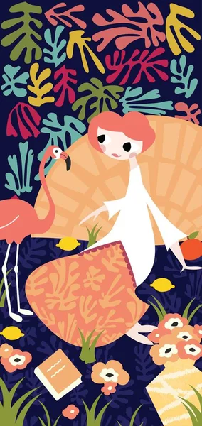 Dívka s flamingo a Henri Matisse inspiroval dekorace — Stockový vektor
