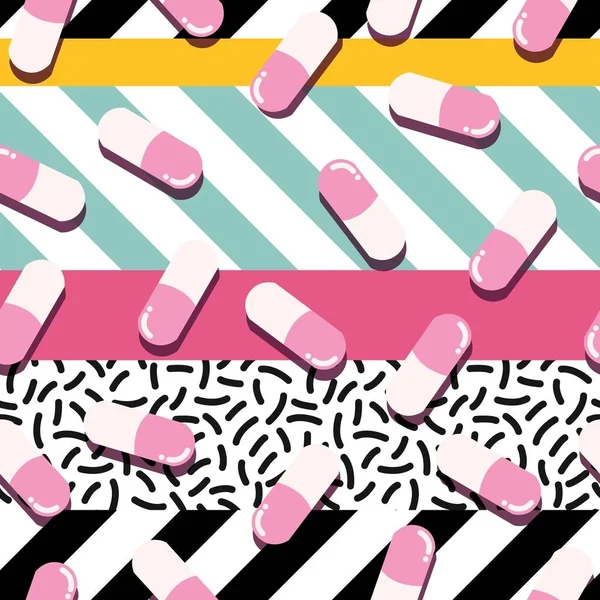Pillen en capsules naadloze patroon, pop modern design, felle kleuren en geometrie — Stockvector