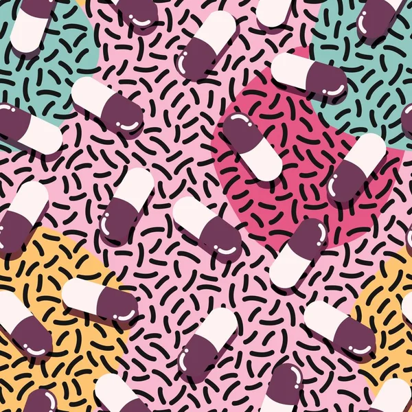 Tabletki i kapsułki wzór, pop nowoczesny design, odważne kolory i geometrii — Wektor stockowy