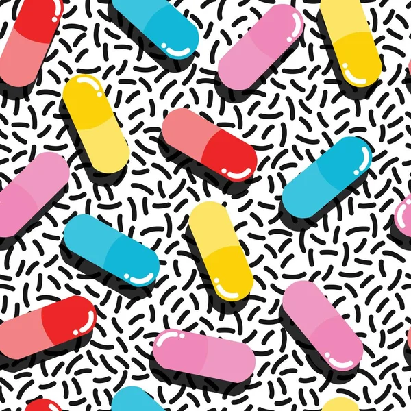 錠剤やカプセルのシームレスなパターン、ポップ モダンなデザイン、大胆な色と形状 — ストックベクタ