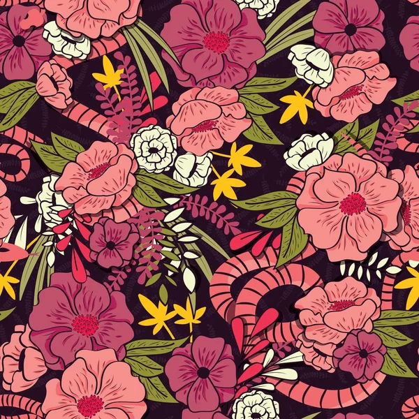 Floral Jungle Met Slangen Naadloze Patroon Tropische Bloemen Bladeren Botanische — Stockvector