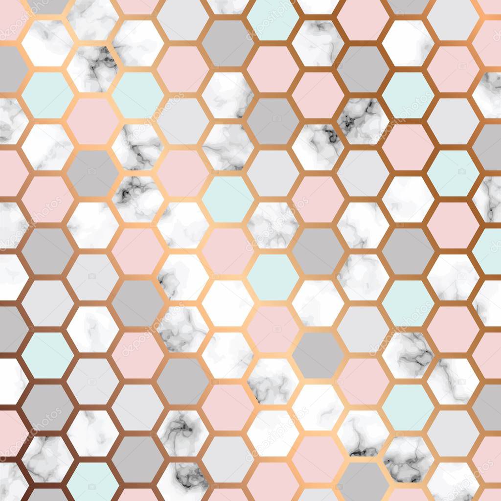 Vector marble texture design with golden honeycomb pattern