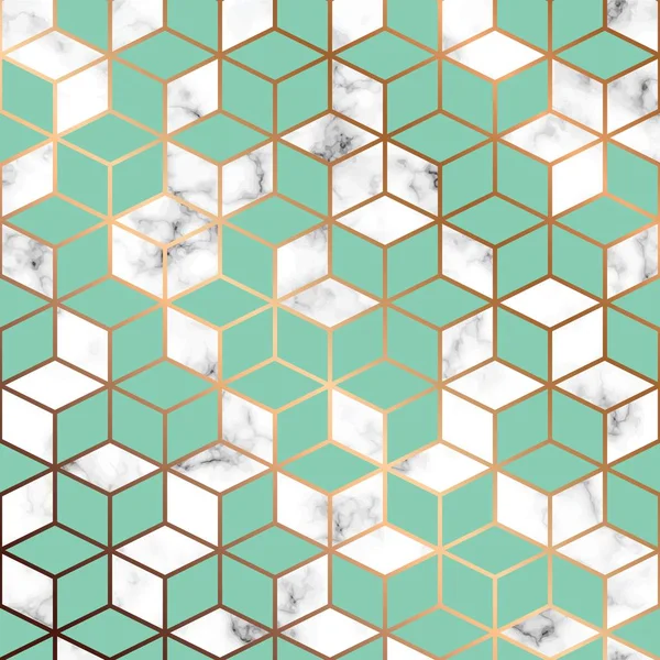 Vector marmeren textuur, naadloze patroon ontwerp met gouden kubus patroon — Stockvector