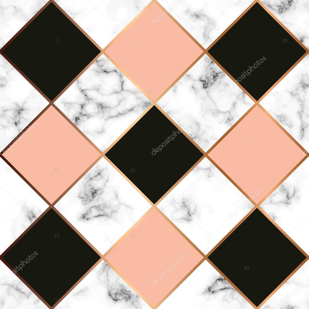Vector marble texture, seamless pattern design with golden geometric lines