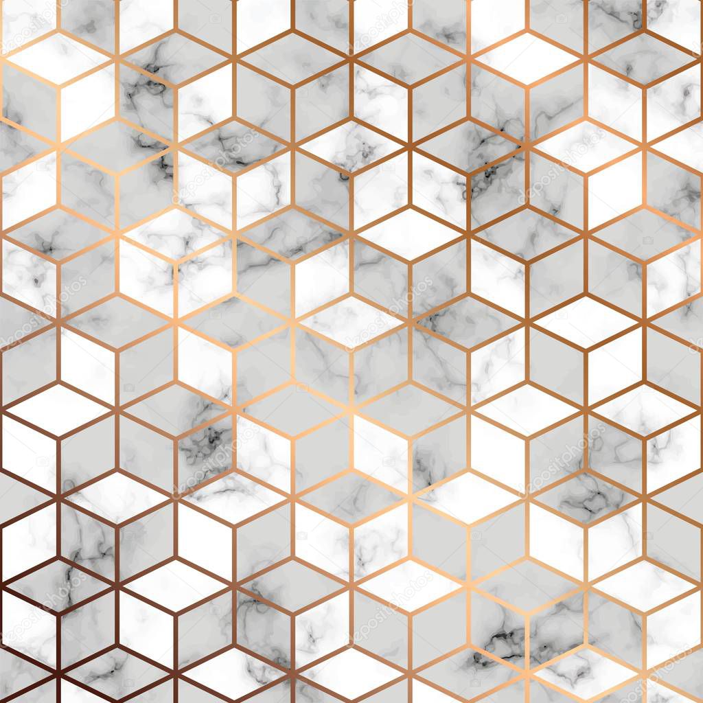 Vector marble texture, seamless pattern design with golden geometric cubes