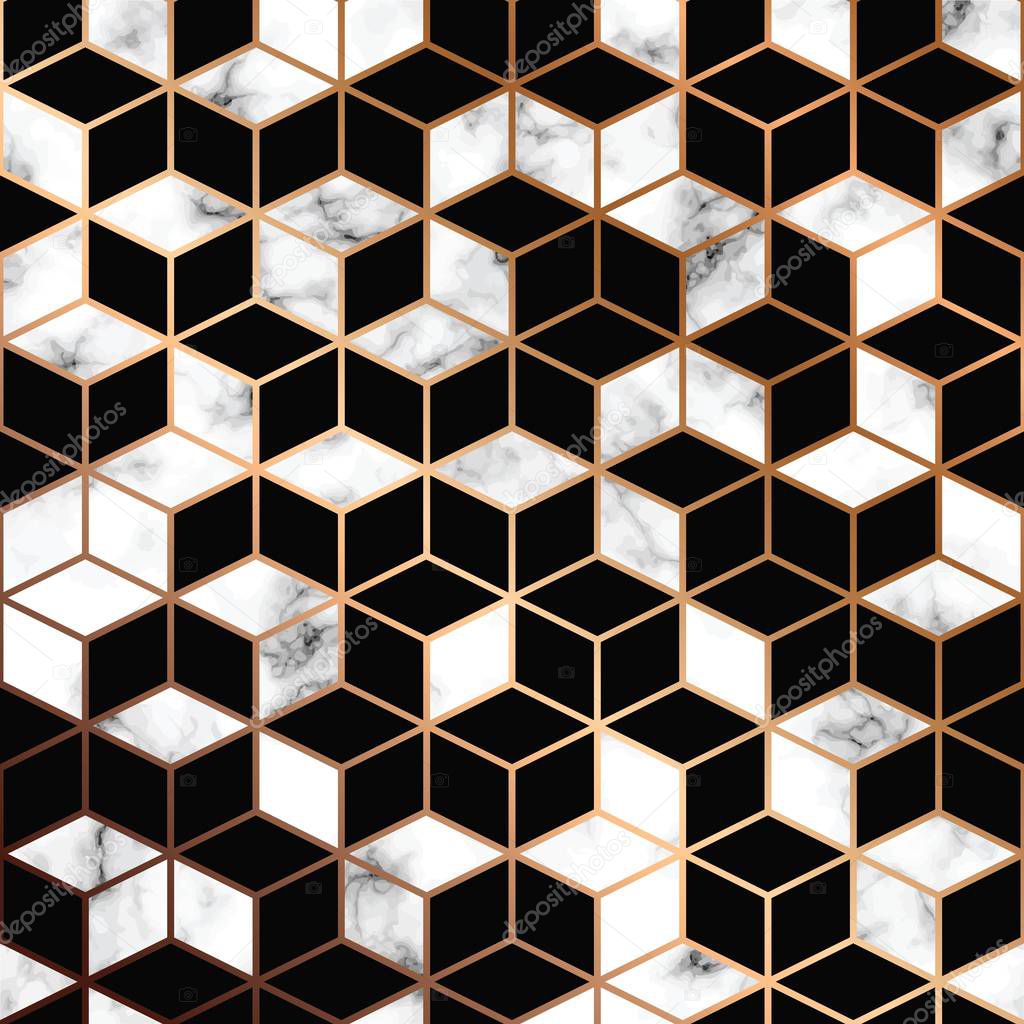 Vector marble texture, seamless pattern design with golden geometric cubes