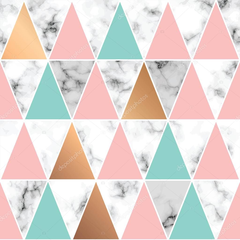 Vector marble texture, seamless pattern design with golden triangles