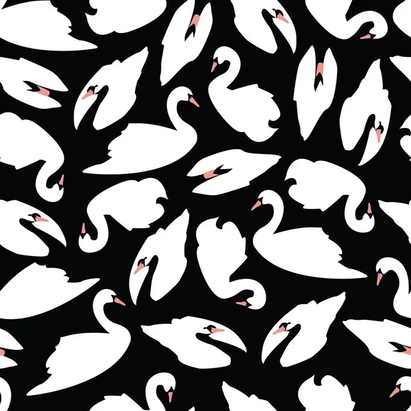 Swan Bezešvé Vzor Černém Pozadí Vektorové Ilustrace — Stockový vektor