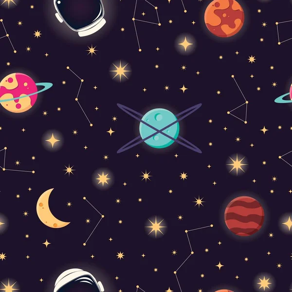 Universum mit Planeten, Sternen und Astronautenhelm nahtlose Muster, Kosmos Sternenhimmel — Stockvektor