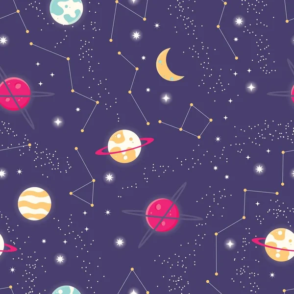 Evren gezegenlerin ve yıldızların seamless modeli, cosmos yıldızlı gece gökyüzü ile — Stok Vektör