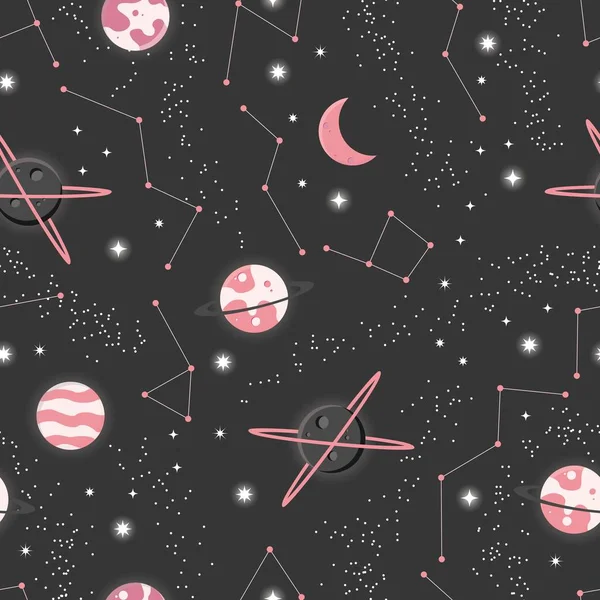 Universum mit Planeten und Sternen nahtloses Muster, Kosmos Sternenhimmel — Stockvektor