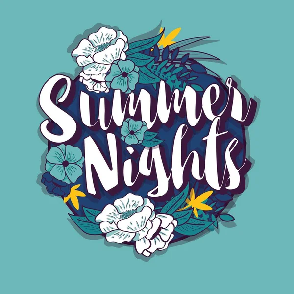 夏の夜のタイポグラフィ バナー ラウンド熱帯の花のフレーム デザイン — ストックベクタ