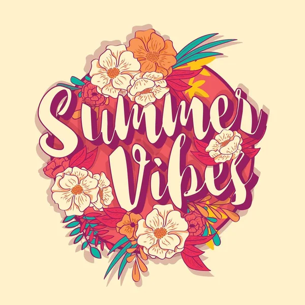 Diseño redondo de banner de tipografía de vibraciones de verano en marco de flor tropical — Vector de stock