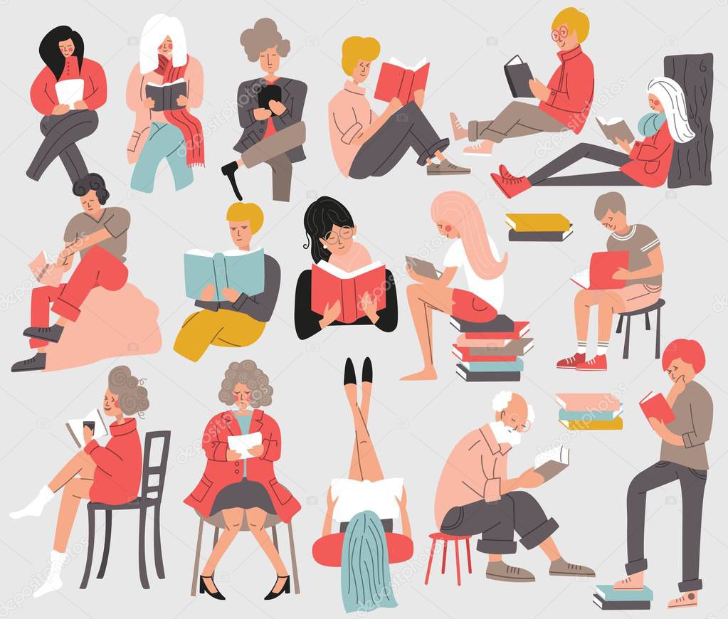 Group of people reading books. Men and women, young and old, sitting, standing and laying down and reading a book. Isolated, flat vector illustration