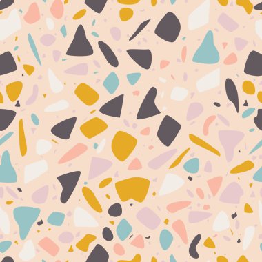 Elle çizilmiş taşlı terrazzo dikişsiz desen tasarımı. Soyut modern arkaplan, düz vektör çizimi
