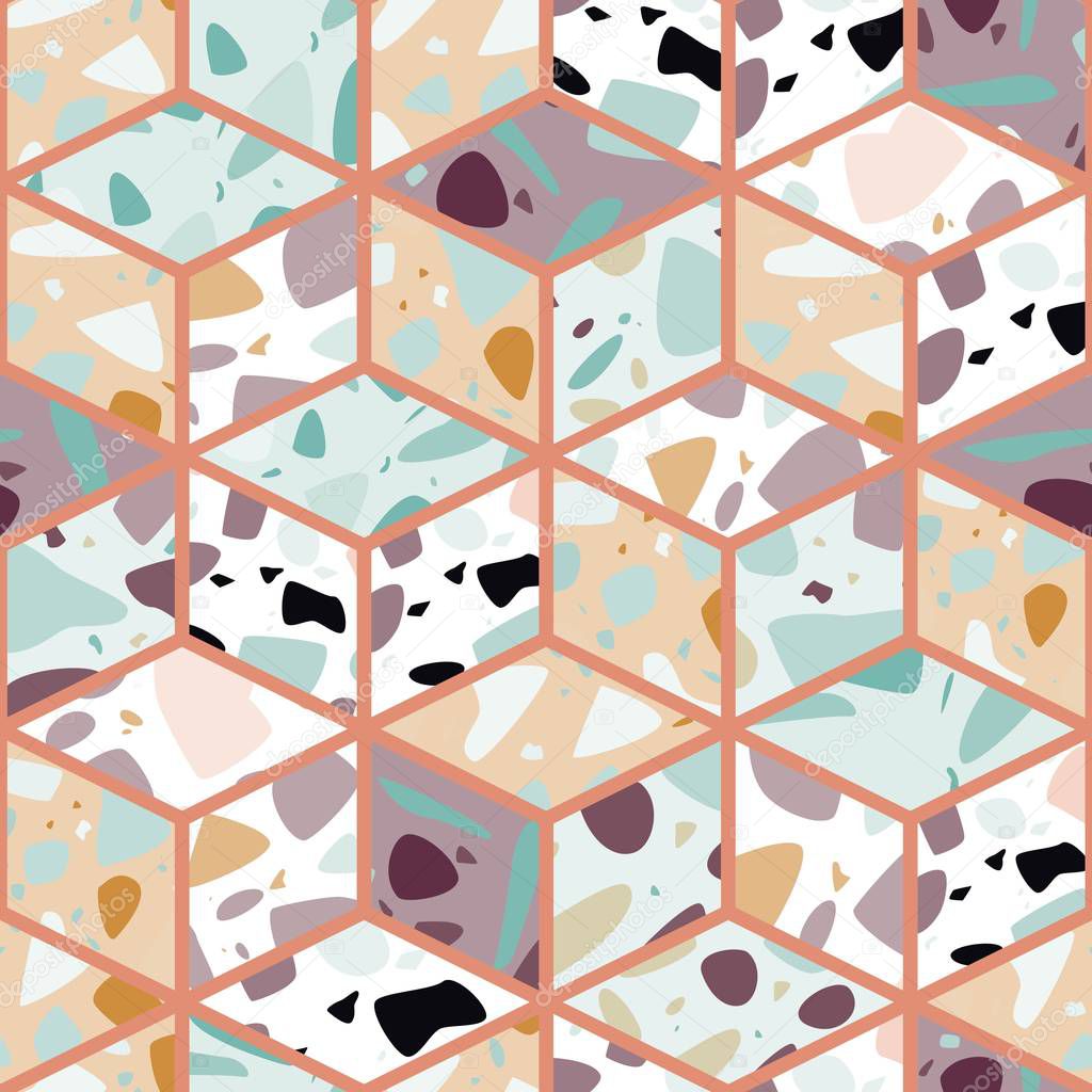 Terrazzo seamless pattern design with hand drawn rocks with honeycomb pattern. Abstract modern background, flat vector illustration