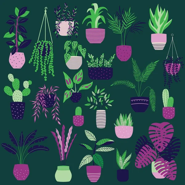 濃い緑色の背景に手描きの屋内ハウス植物のコレクション。鉢植えのコレクション。カラフルなフラットベクトルイラスト — ストックベクタ