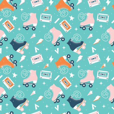 Seamless pattern with roller skates and cassette tapes. Retro hand drawn laced boots, colorful vector illustration