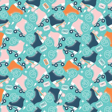 Seamless pattern with roller skates and cassette tapes. Retro hand drawn laced boots, colorful vector illustration