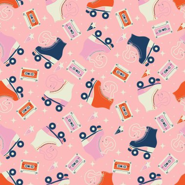 Seamless pattern with roller skates and cassette tapes. Retro hand drawn laced boots, colorful vector illustration