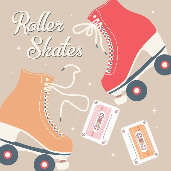 Ilustración dibujada a mano con patines retro y cintas de cassette. Ilustración vectorial colorida — Vector de stock